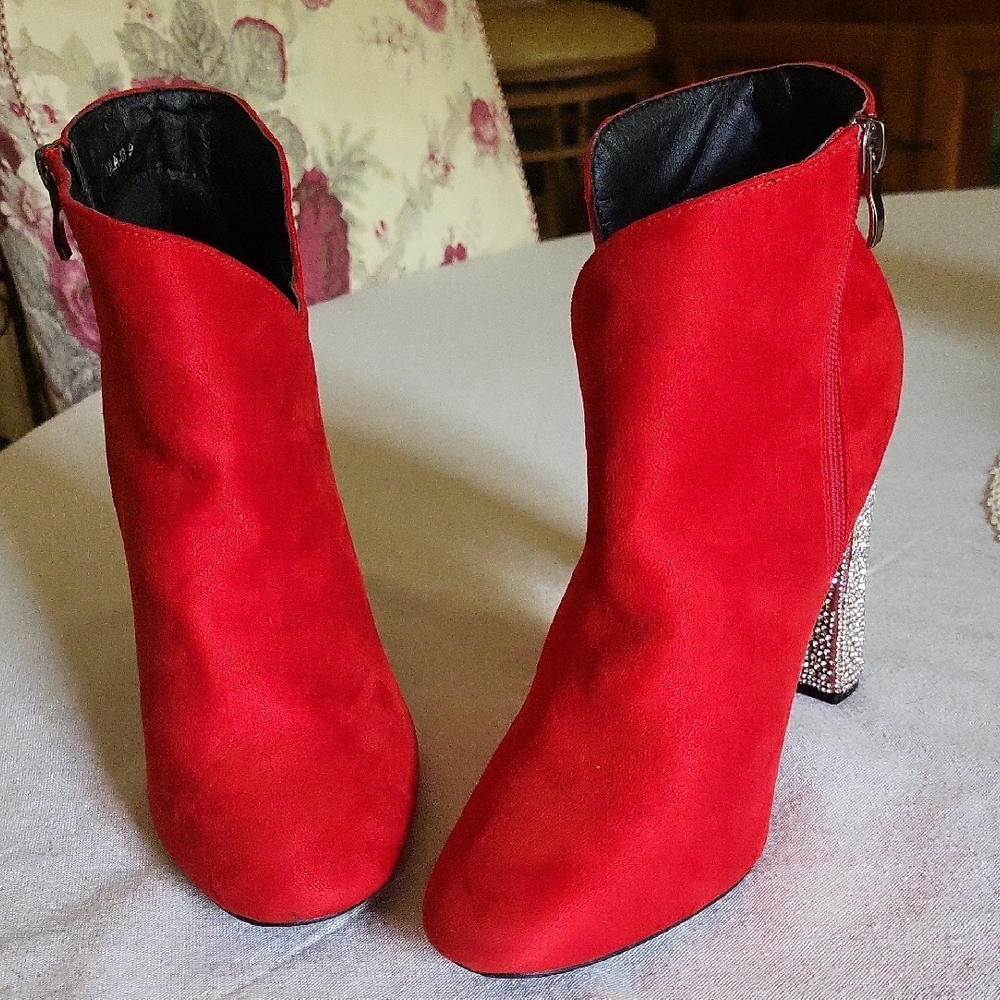 J Mark Red Suede Ankle Boots with Rhinestone Heels